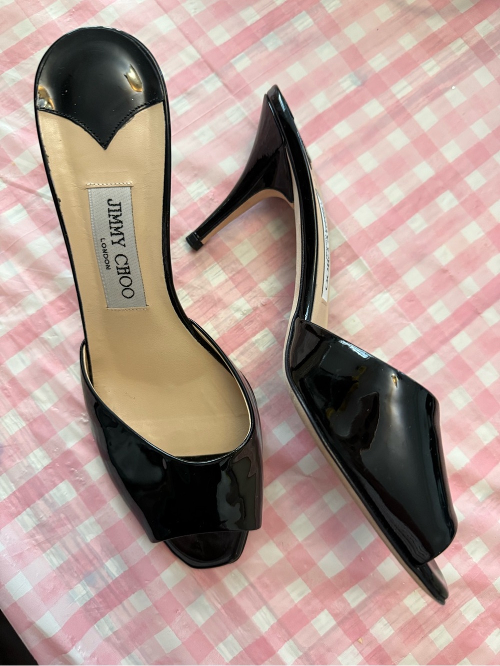 Jimmy Choo Black Patent Open-Toe Mule Heels